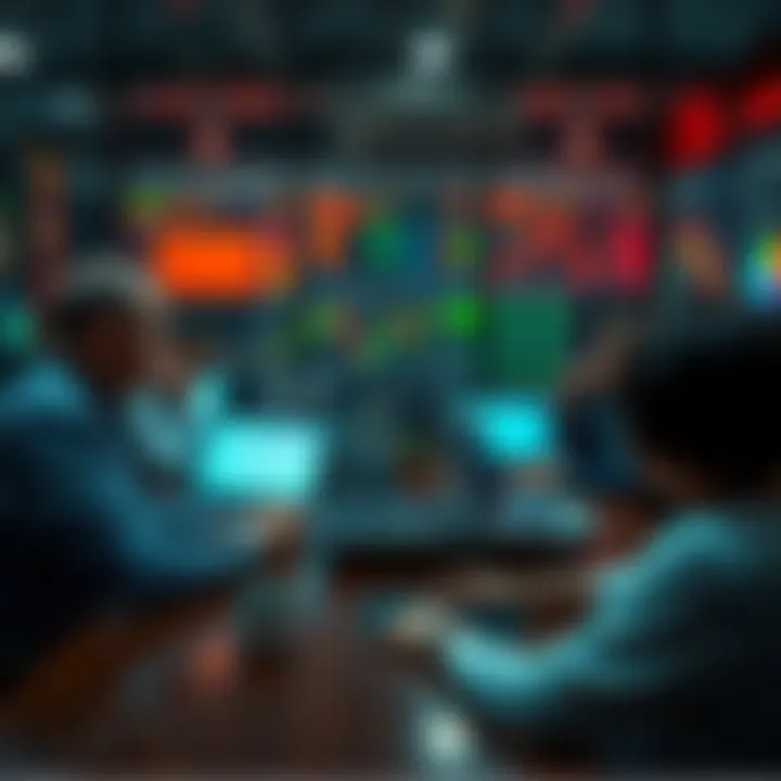 A group of people discussing trading strategies and technical analysis around a table with laptops and charts.
