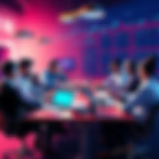 A group of people discussing trading strategies around a table with laptops and charts