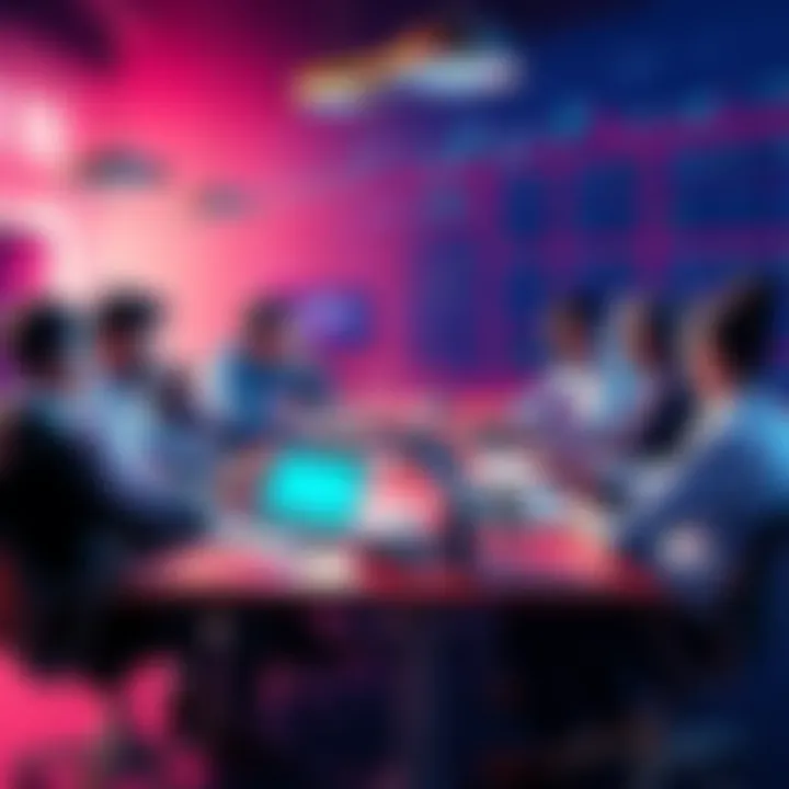 A group of people discussing trading strategies around a table with laptops and charts