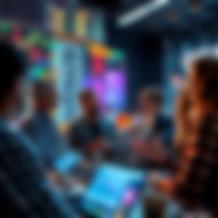 A group of people engaged in a lively discussion about trading strategies and current events.