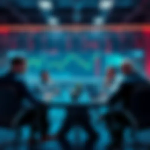 A group of people sharing trading strategies at a round table with charts and laptops