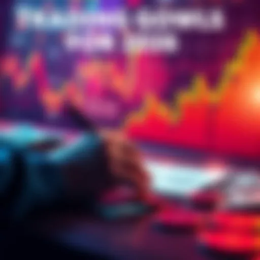 A graphic depicting a person writing down trading goals with a vibrant background of charts and cash, symbolizing prosperity in trading