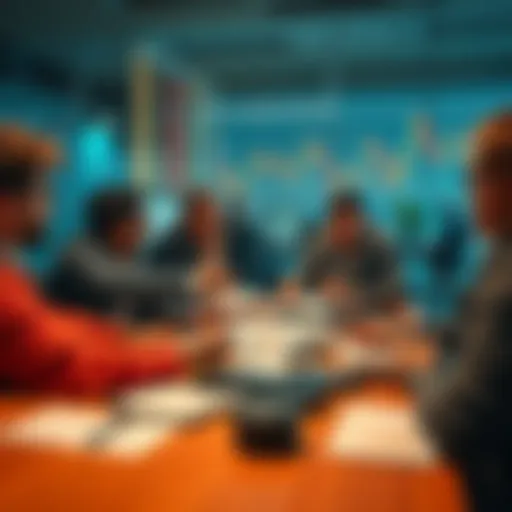 People discussing trading strategies with charts and notes on a table