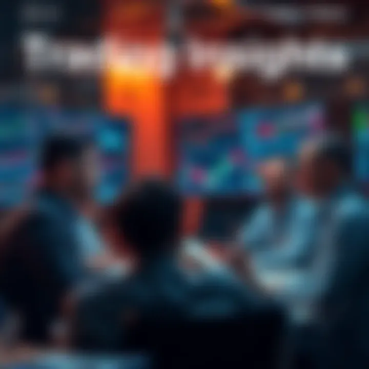A group of traders sharing insights and strategies in a lively conversation, with graphs and charts displayed on screens around them.