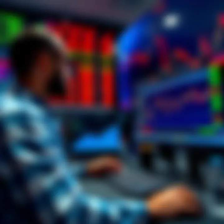 A trader analyzing market data and order books on a computer screen, with charts showing liquidity and slippage issues during market fluctuations.