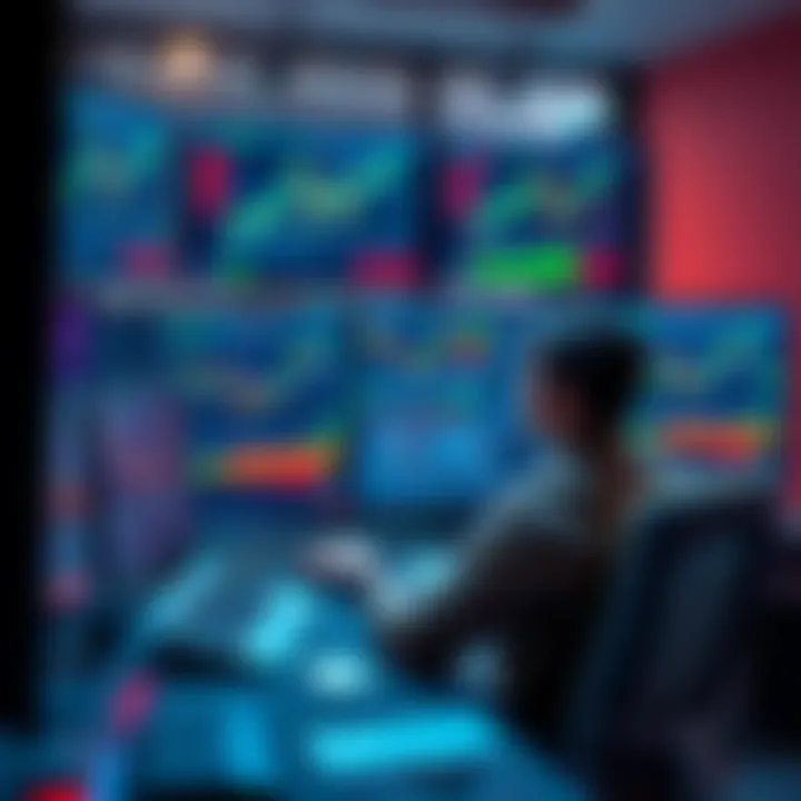 A trader sitting at a desk with multiple monitors displaying trading charts and data, focused on improving their trading setup.