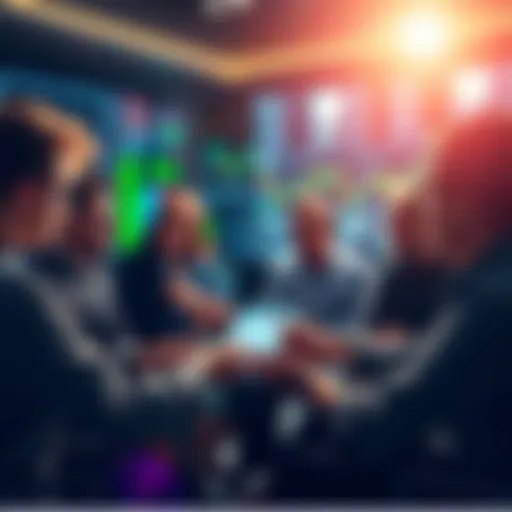 A group of traders sharing ideas and insights about market analysis and strategies for Litecoin in a collaborative setting.