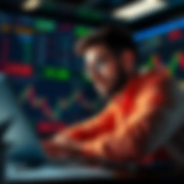 A person analyzing financial charts on a laptop with a focused expression, surrounded by trading tools and market data.