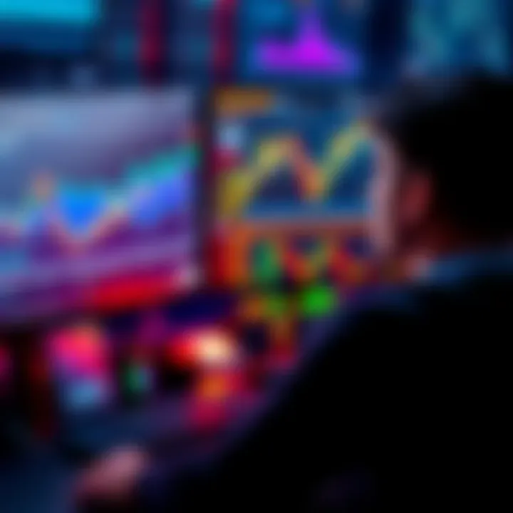 A person analyzing market trends on a computer screen, contemplating a quick trading decision, with a focus on upward and downward arrows representing market movements.