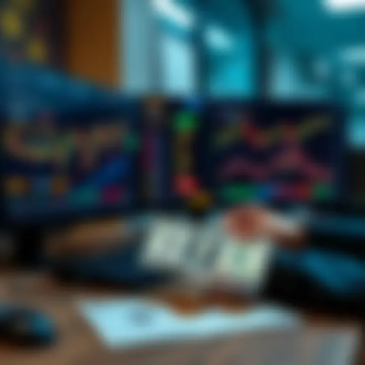 A beginner trader analyzing charts and cryptocurrency prices on a computer screen, with a $100 bill on the desk.