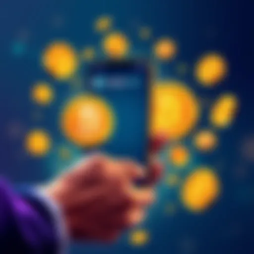 A person using a smartphone to transfer Pi currency to the Crypto.com wallet, with digital coins illustrated around them.