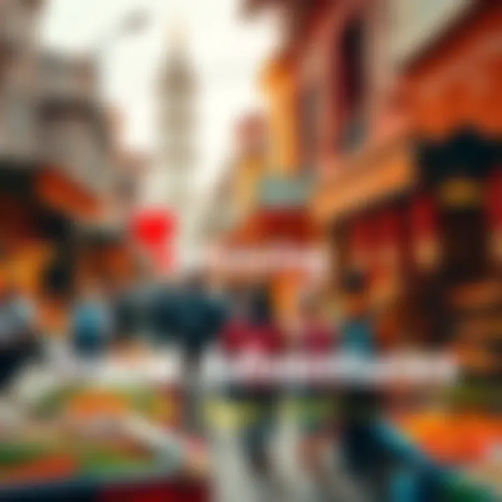 A group of travelers exploring a vibrant market in a foreign city, surrounded by colorful stalls and local foods.