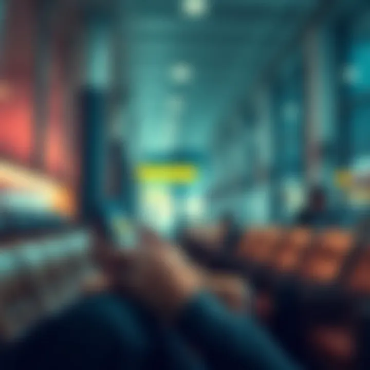 Person using a smartphone with crypto app in an airport lounge, looking frustrated after a bank denies a flight upgrade.