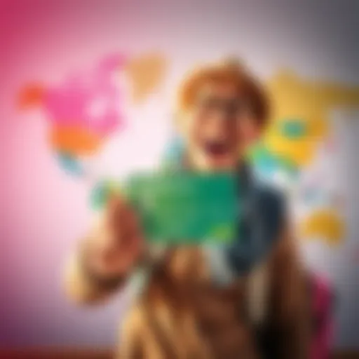 A happy traveler holding a BitMart Card in front of a world map, symbolizing 5% cashback on trip purchases.