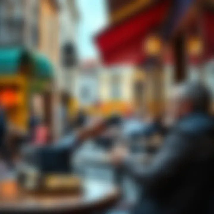 A traveler pays at a cafe in Lisbon using a Nexo card, enjoying a meal outdoors