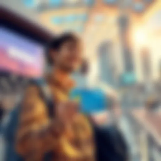 A traveler holding a BitMart Card while exploring a city, looking relaxed and enjoying lightweight travel.