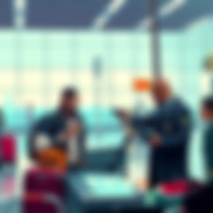 A traveler at an airport customs counter declaring cryptocurrency assets, with officials checking digital devices, symbolizing new regulations in South Africa.