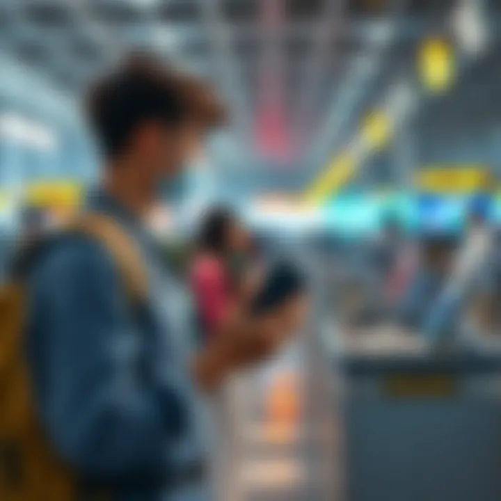 A traveler holding a hardware wallet while speaking with a customs officer at an airport checkpoint