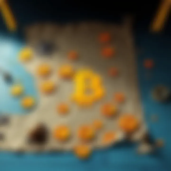 A treasure map featuring Bitcoin symbols, with an adventurous pirate theme inviting people to find hidden cryptocurrency riches.