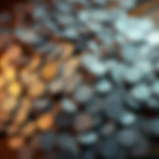 A large pile of silver coins spread out on a wooden surface, showing various denominations like dollars and dimes, discovered in a grandmother's attic.