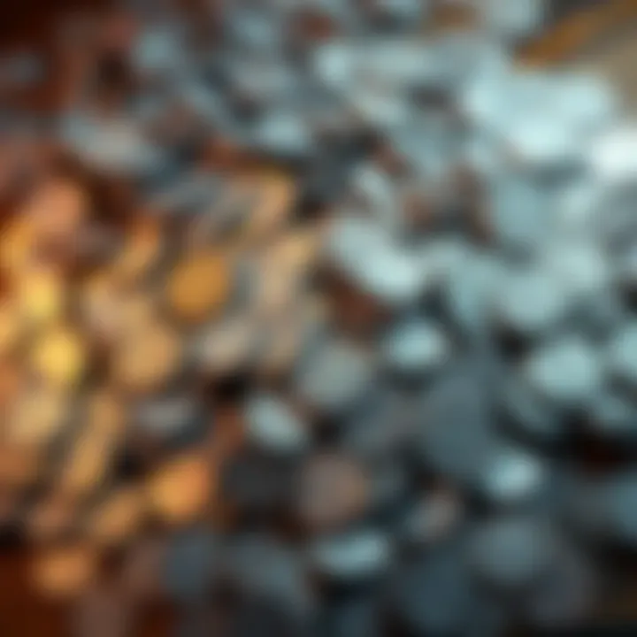 Treasure of Silver Coins Found A large pile of silver coins spread out on a wooden surface, showing various denominations like dollars and dimes, discovered in a grandmother's attic.