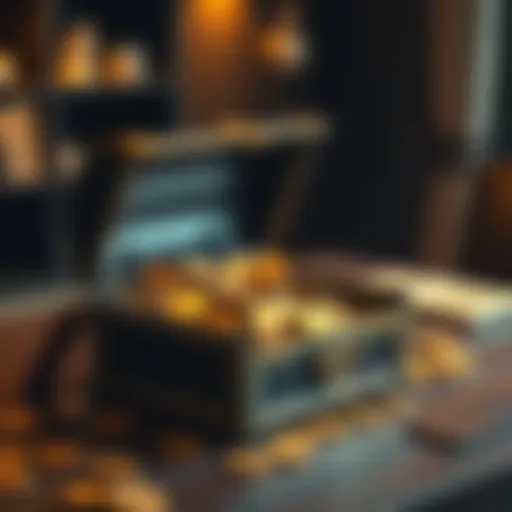 An open treasure chest filled with gold coins on a wooden table, representing the excitement of owning Monero.