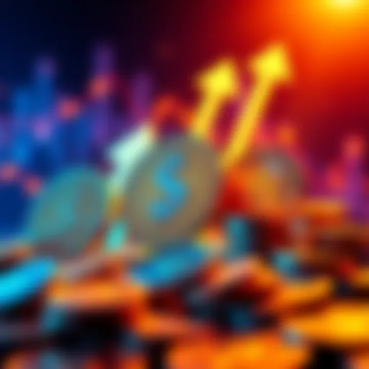 A visual representation of popular meme coins like $TOSHI, $PEPE, and $SHIBA, symbolizing investment growth with upward arrows and coins in the background.