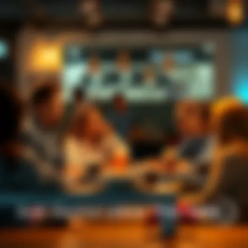 A group of people engaging in animated conversations about trending topics at a coffee shop.