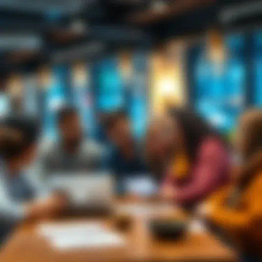 A group of diverse people discussing recent trends at a café, looking at a laptop and notes.