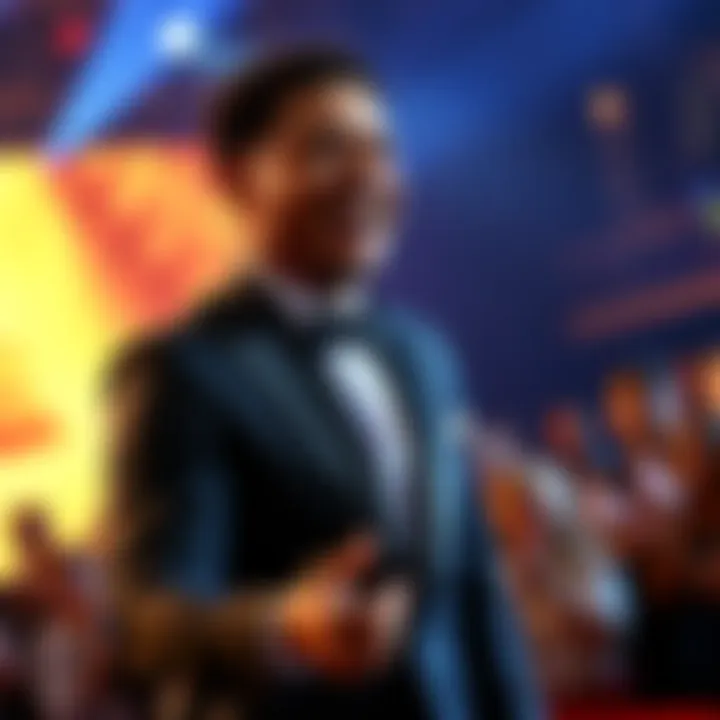 Trevor Noah on stage at the Grammys, laughing and making a joke to the audience, with applause in the background