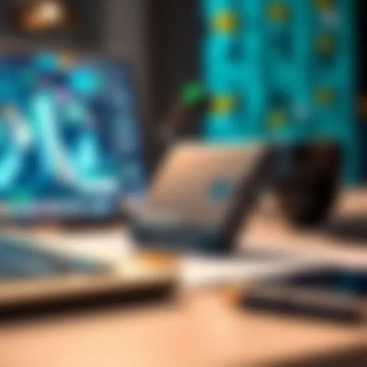 A close-up of a Trezor Safe 3 hardware wallet on a sleek desk, with digital currency symbols in the background.