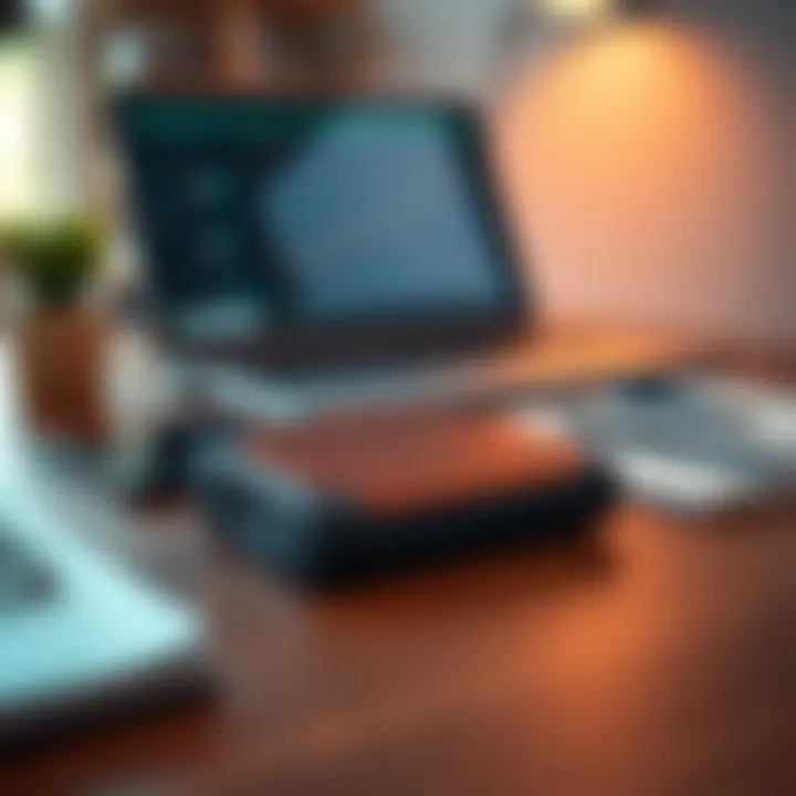 Trezor Safe 5 on a desk Trezor Safe 5 cryptocurrency hardware wallet placed on a wooden desk with a laptop and notebook in the background