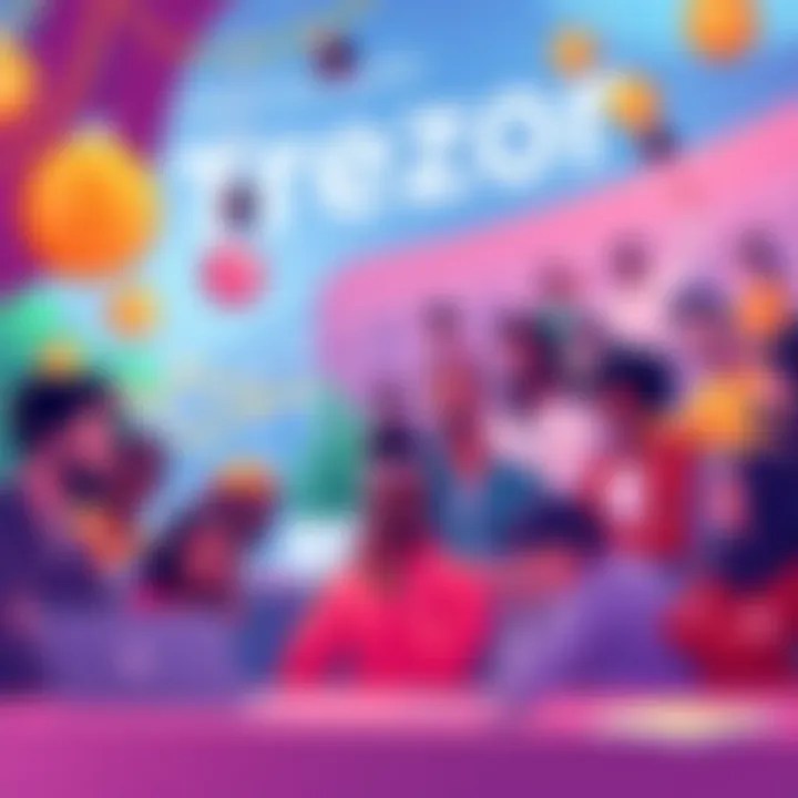 A vibrant illustration showing a group of diverse people participating in online activities and discussions about Trezor, with visuals representing monthly campaigns and AMAs.