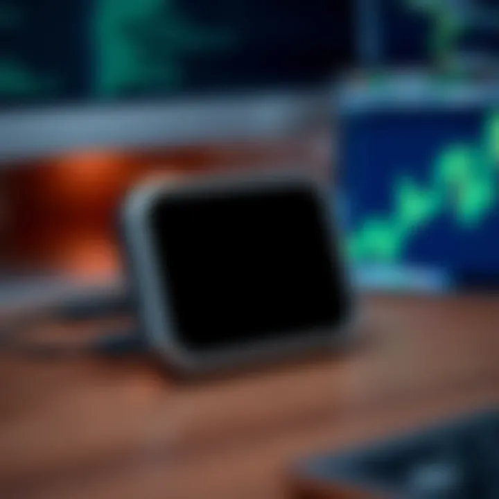 Close-up of a Trezor One cryptocurrency wallet displaying a black screen, connected to a computer, showing no output.