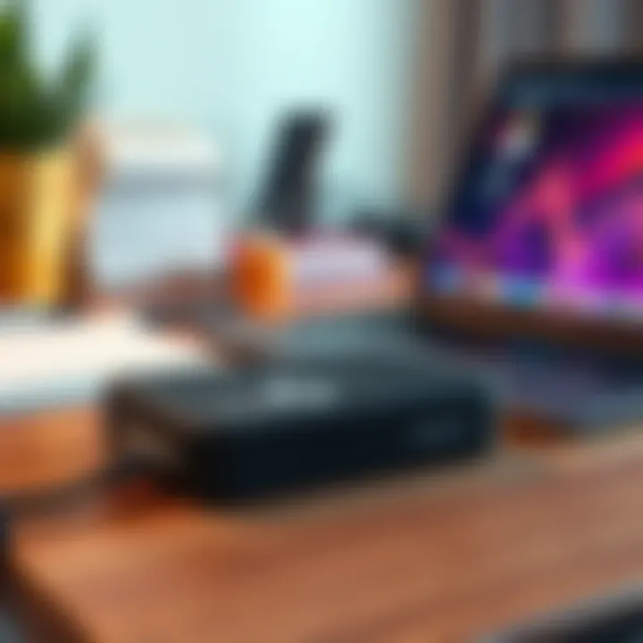 A Trezor Safe 3 hardware wallet placed on a wooden desk with a laptop in the background, representing secure purchases.
