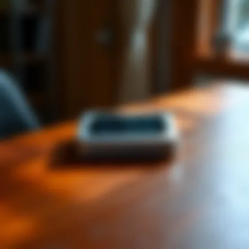 Trezor Safe 7 wallet on a table A Trezor Safe 7 wallet placed on a wooden table with a privacy screen visible, showing its sleek design and compact size.