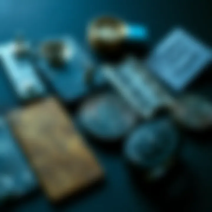 A collection of methods used by Trezor users to back up seed phrases, featuring engraved metal plates, NFC rings, and traditional paper slips, representing enhanced security strategies.