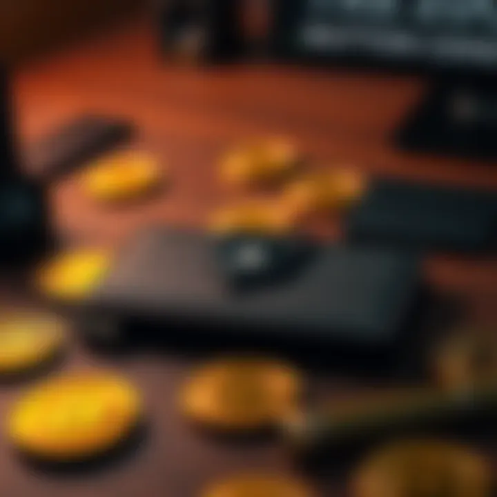 A Trezor cryptocurrency wallet placed on a wooden desk surrounded by Bitcoin icons, illustrating anonymity in transactions.