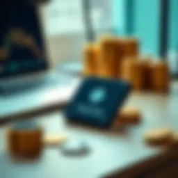 A Trezor hardware wallet displayed on a desk next to a laptop and a stack of cryptocurrency tokens, representing security for digital assets.
