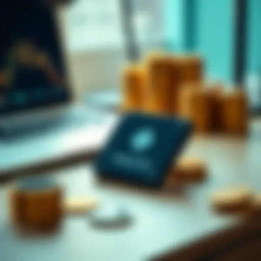 A Trezor hardware wallet displayed on a desk next to a laptop and a stack of cryptocurrency tokens, representing security for digital assets.