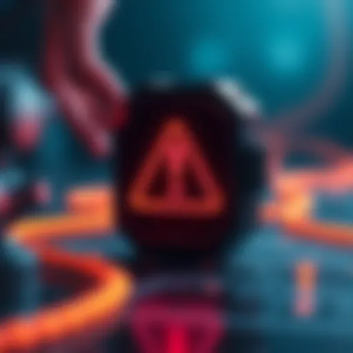 A warning graphic showing a Trezor wallet with a caution symbol, illustrating the threat of a fake quantum computing firmware update.