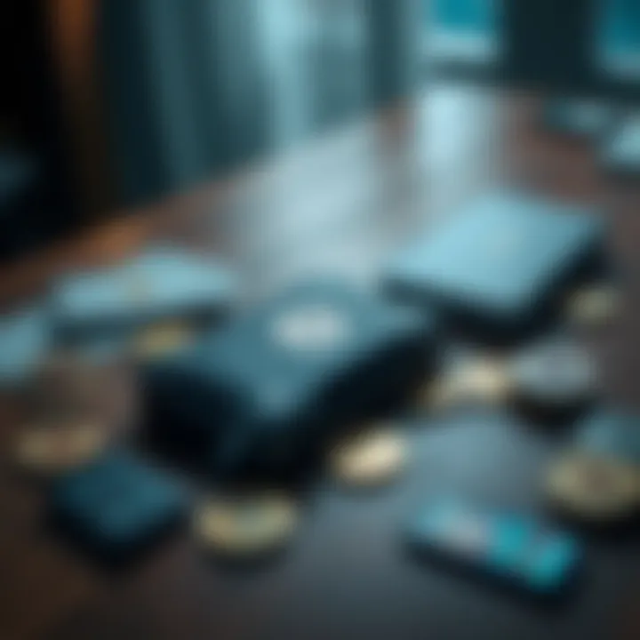 Trezor Wallet on a Table A Trezor wallet placed on a wooden table, surrounded by cryptocurrency coins and notes, depicting user interest in digital security.
