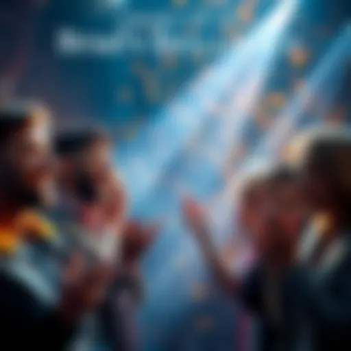 A group of people celebrating Brad's achievements with smiles and applause.