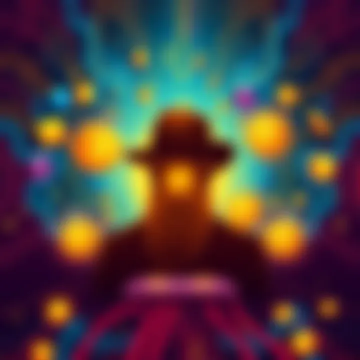 A digital illustration of a silhouette representing Satoshi, surrounded by Bitcoin symbols and technological elements.