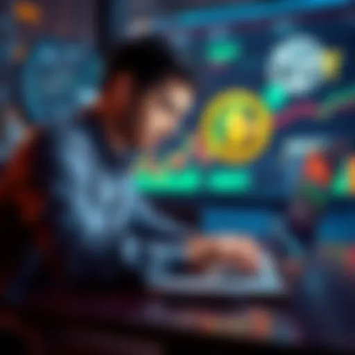 A person reviewing Tron energy rental service on a laptop, with charts and USDT symbol in the background