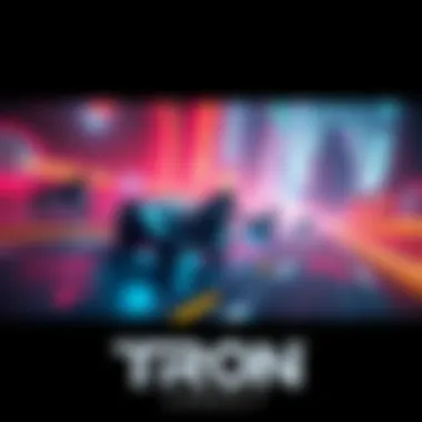 A vibrant scene showing futuristic light cycles racing in a digital landscape from TRON: Legacy