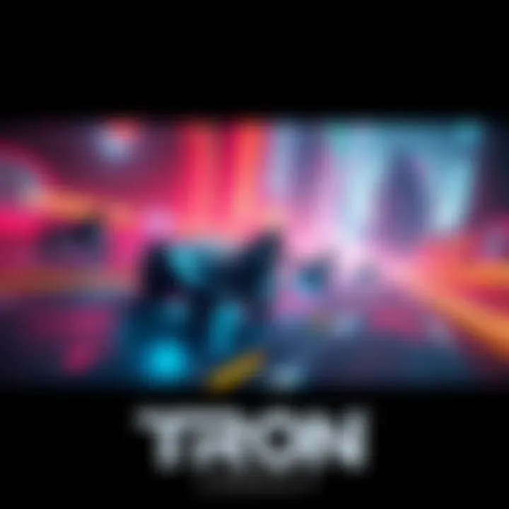 A vibrant scene showing futuristic light cycles racing in a digital landscape from TRON: Legacy