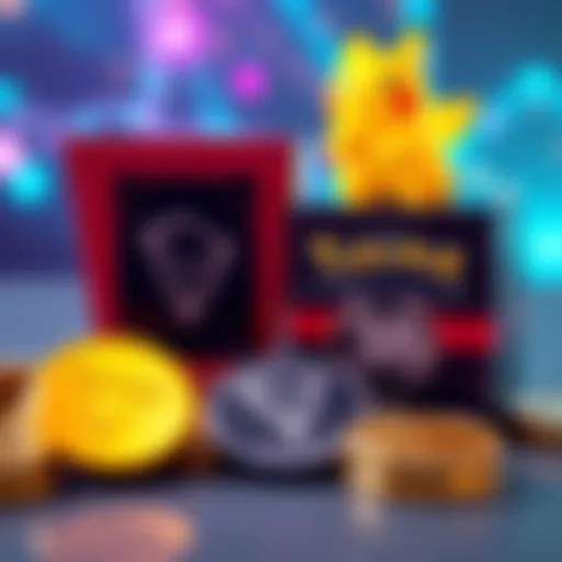 A visual of Tron cryptocurrency coins next to Pokémon 30th Anniversary ETB boxes