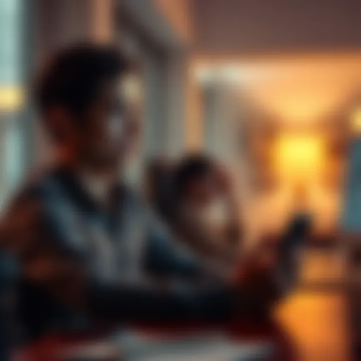 A person sitting at a desk holding a phone, looking confused and frustrated while trying to access an app.