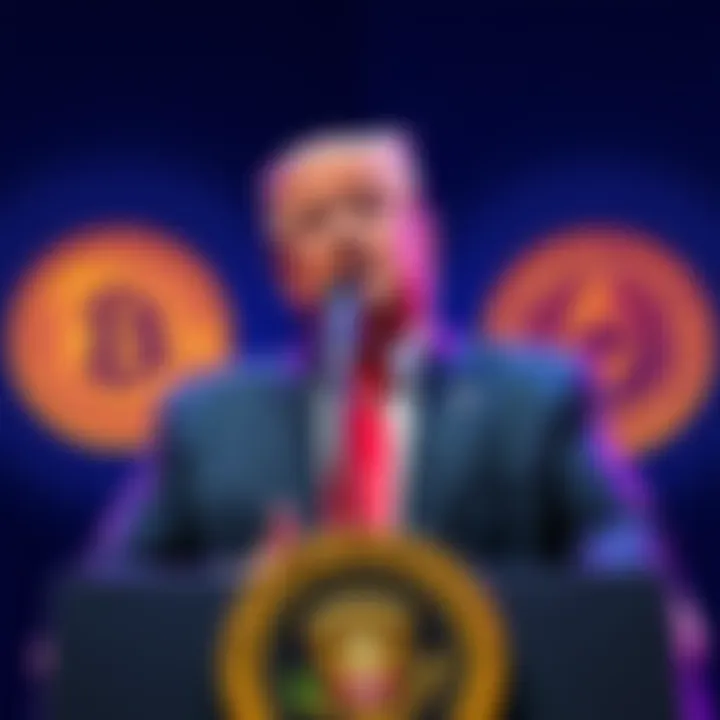President Trump speaking at a podium about the CLARITY Act while Bitcoin and Ethereum symbols are in the background